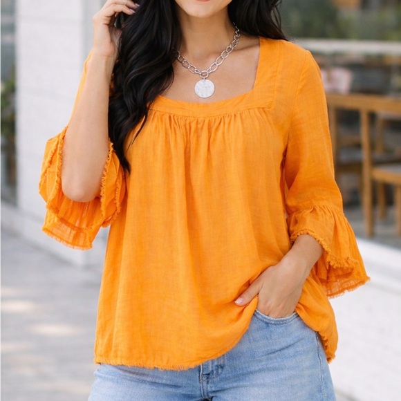 Umgee Tops - Women's Umgee Orange Ruffle Sleeve Blouse with frayed hem XL